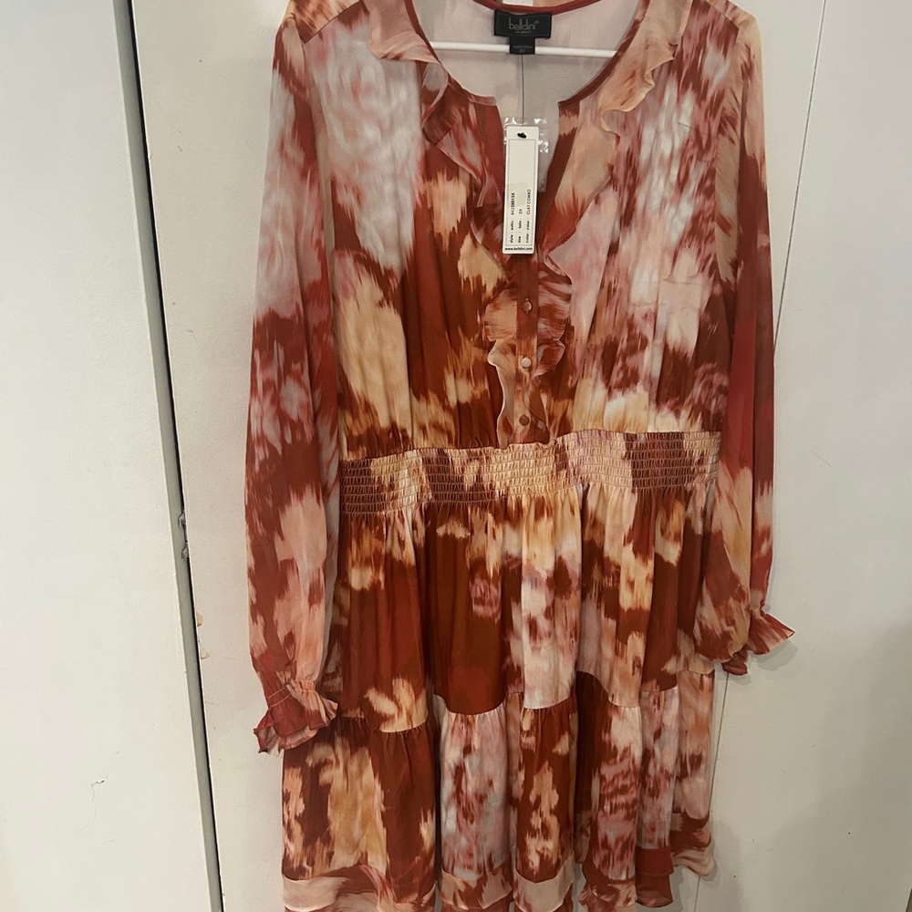 Belldini Rust and Cream Tie-Dye Long Sleeve Tiered Dress - Picture 4 of 12